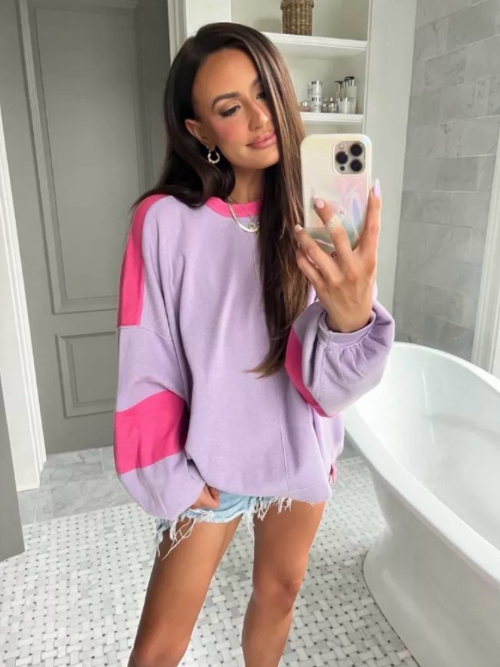 Free People Lavender & Hot Pink Colorblock Pullover Sweatshirt - Women